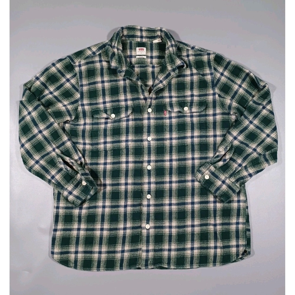 Levis Shirt Mens L Green‎ Blue Cream Plaid Button Up Workshirt Relaxed Fit